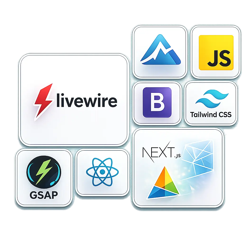 Frontend stack: Livewire, Alpine.js, JavaScript, Tailwind CSS, GSAP, React, Next.js