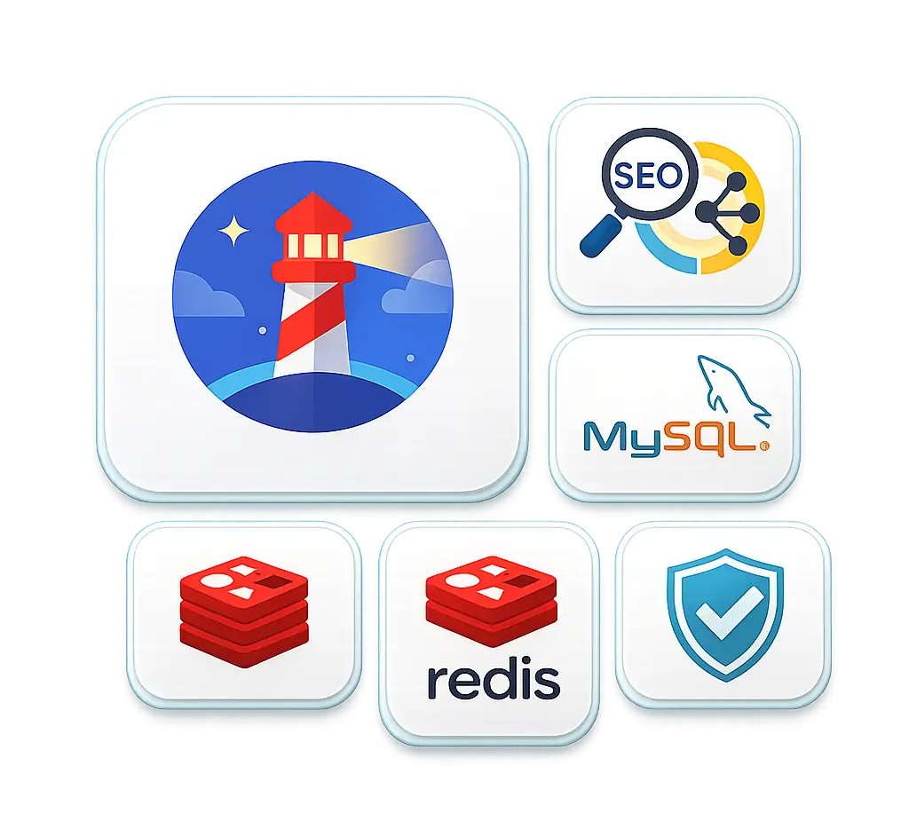 Performance: Lighthouse, SEO, MySQL, Redis, Git, security